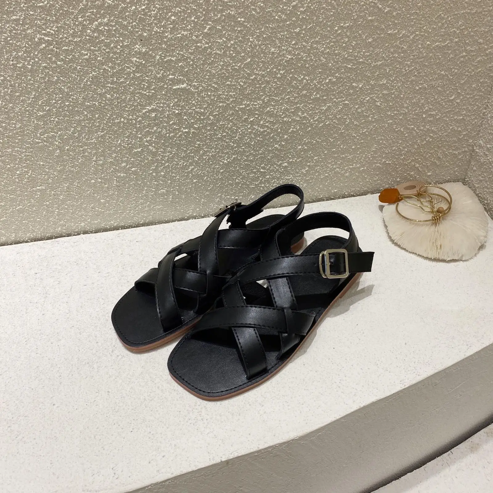 

Female Sandal Flat Summer Shoes Woman Clear Heels Cross Girls Without Retro Beige Comfort Beach Scandals Solid Back Strap Concis