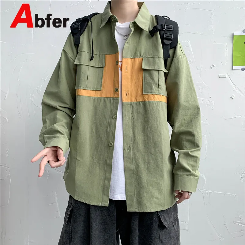 

Abfer Korean Clothes Hit Color Stitching Oversized Harajuku Shirt Male Long Sleeve Shirt Men's Button Up Shirt Tops Kpop