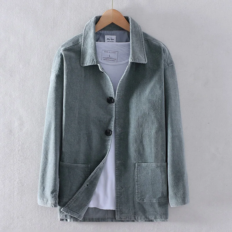 Schinteon Men Corduary Loose Jacket Autumn Mid-Length Outwear Casual Turn-down Collar Top Fashion High Quality New