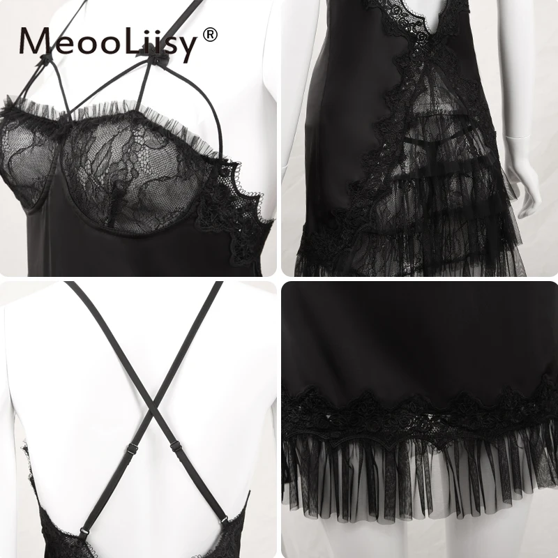 

MeooLiisy Women Lingerie Lace Embroidery V-Neck Sexy Silk Nightgown Cross Strap Split Back Bandage Sling Nightdress & T-back