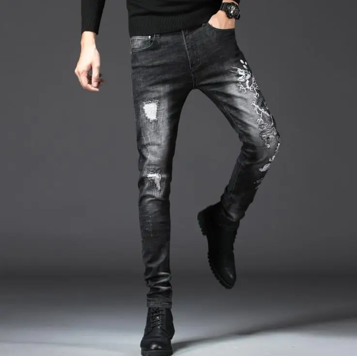 Applique men's stretch-leg jeans with embroidery dragon slim trendy pants man original design new European and American style