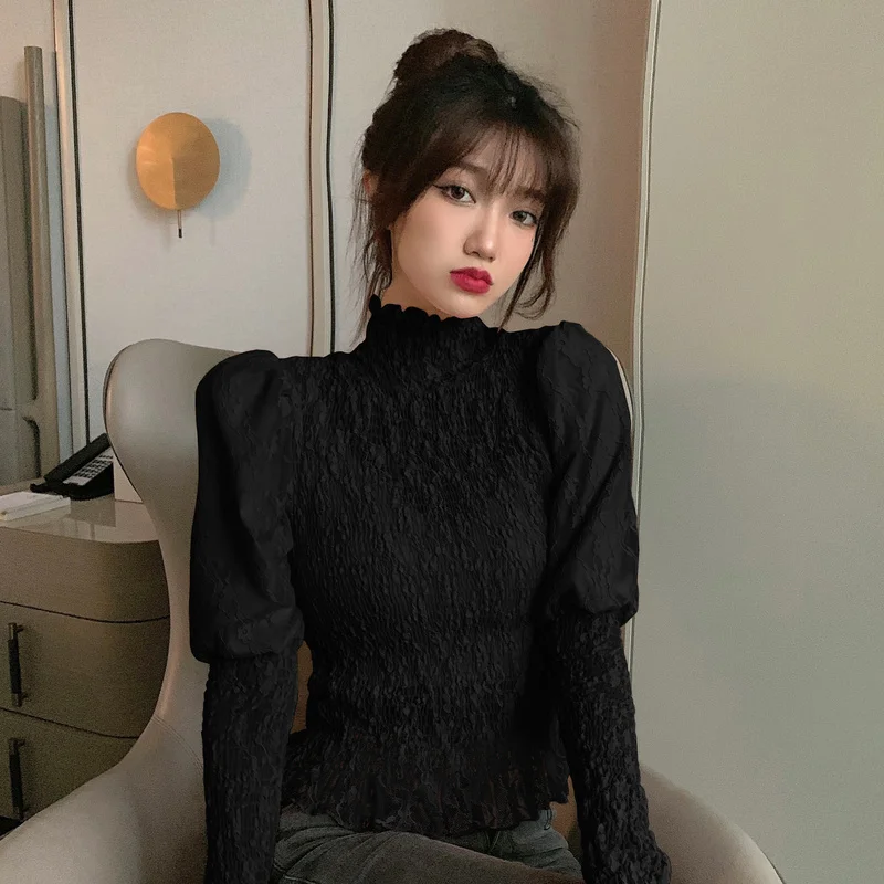 

2021 autumn Women's Clothing Fashion new Lace blouse women Korean All-match Lantern long sleeve Half high neck chiffon shirts