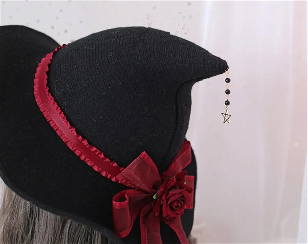 

Lolita Halloween Retro Witch Hat Masquerade Rose Big Bow Wizard Hat Gothic Magical Girl Hat Cosplay Accessories Party Decor