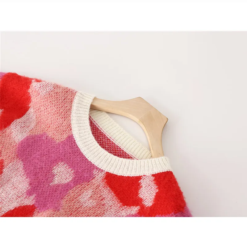 

Soft Mohair Pullover Sweater Women Korean Fashion Flower Pattern Pink Pullovers Sweaters Women's Loose Jumper Knitwear