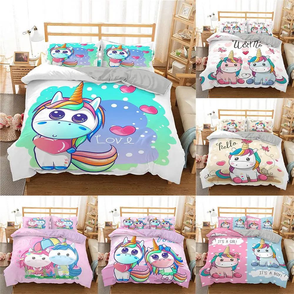 

Cute Unicorn 3D Bedding Set For Girls Princesses King Single Size 2/3 Pcs Bed Linens Sets Home Duvet Cover Bedclothes Pillowcase