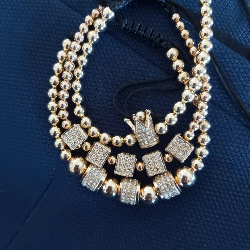 3 шт./компл. 5 мм медные бусины Плетение Набор браслетов золотой цвет CZ кости