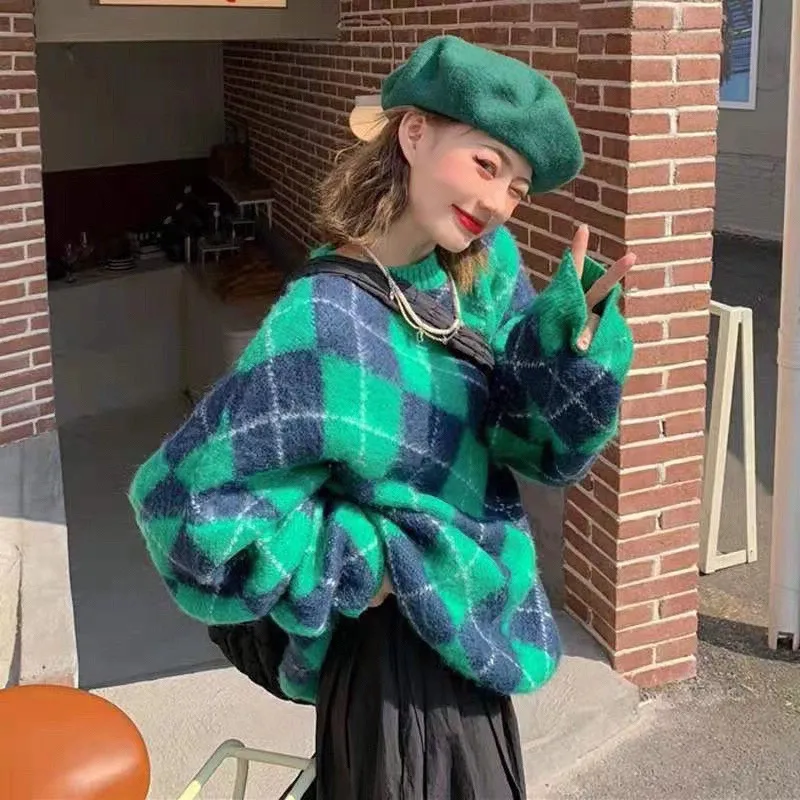 

Vintage Diamond Women's Sweater Thick Soft Warm loose O-neck Pullover Female Long Sleeve Fall Winter Japanese Clothing Tops