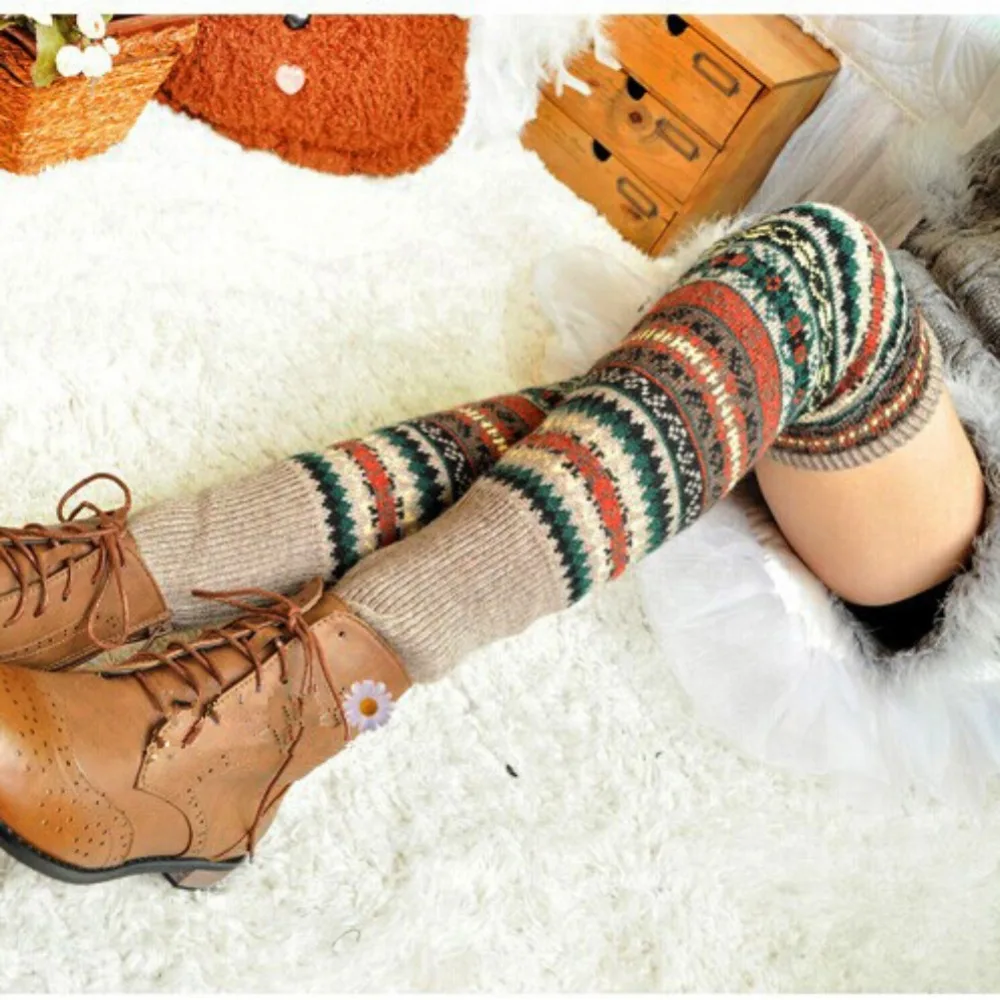 

Winter Over Knee Long Knit cover Crochet Leg Warmers Legging Chic Warm Striped Calentadores Pierna Mujer Thigh Stulpe Legwarmers
