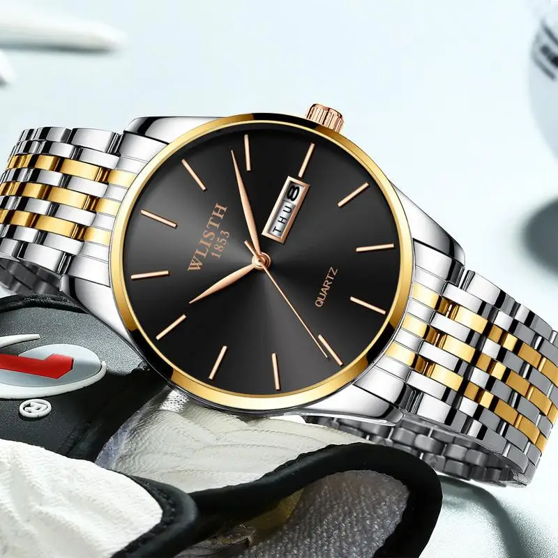 

WLISTH Watch Men Luxury Brand Stainless Steel Waterproof Clock Fashion Analog Week Calendar Quartz Business Male Wristwatches