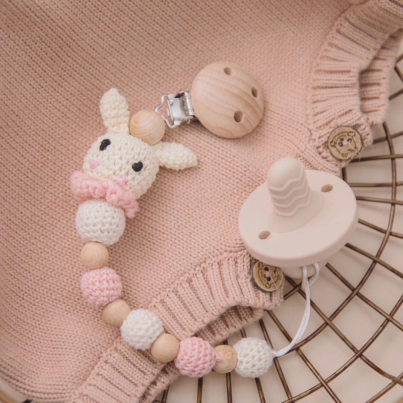 1pc Bunny Pacifier Chain Clip Wood Crochet Rabbit Teething Chain Baby Teether Soother Holder Newborn Product Baby Pacifier Clip