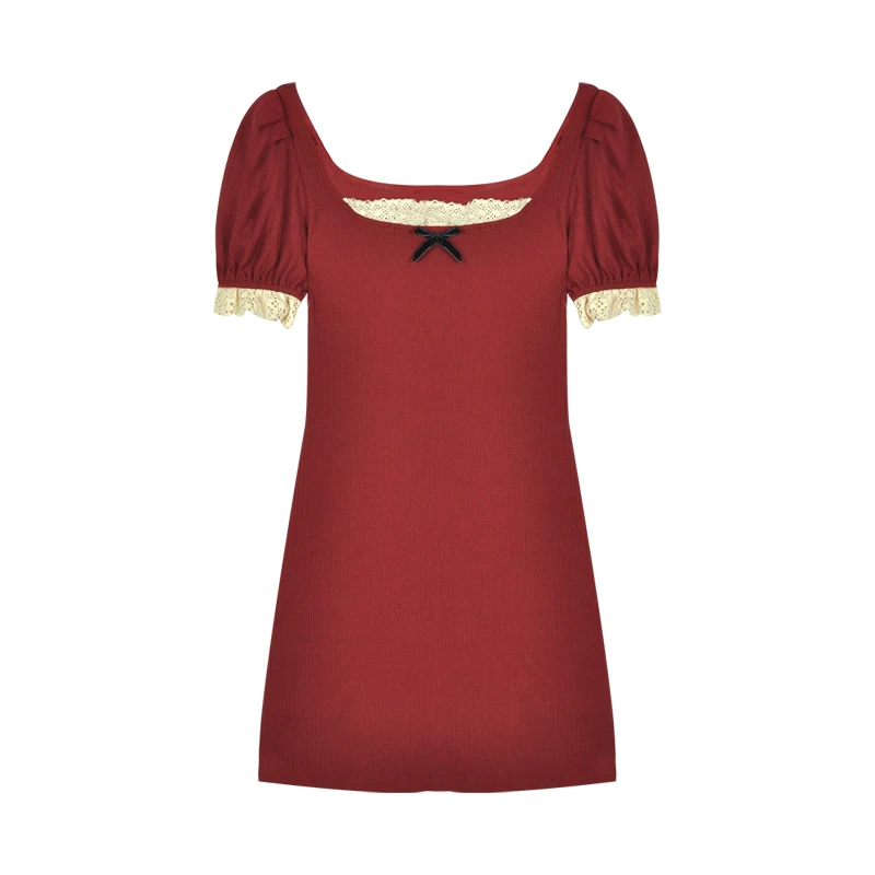 

Square Collar Lace Vintage Red Color Dress Female Summer Tight Sexy Package Hip Dress French Dress 2021 Fashion Style