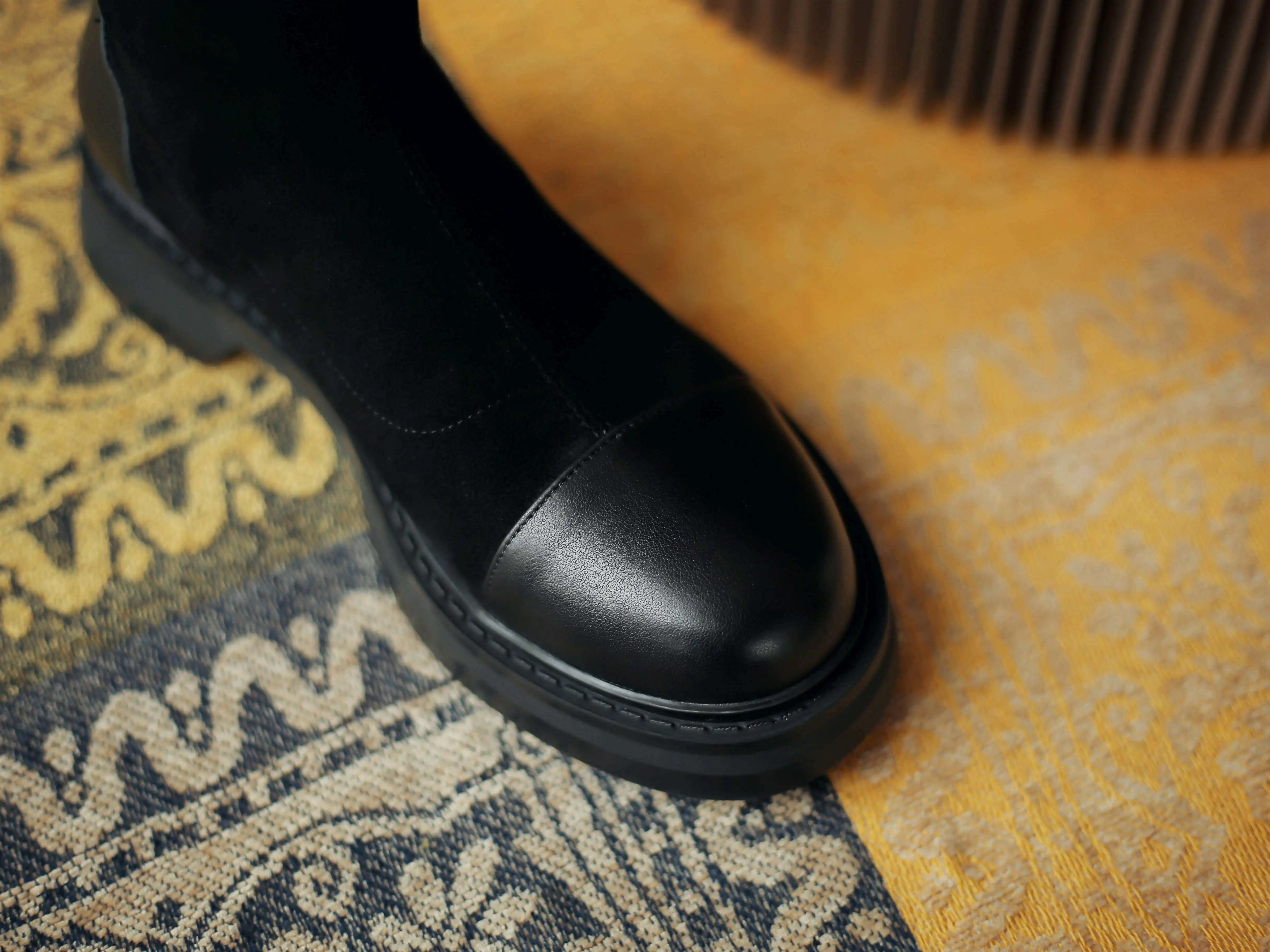 Beli Krazing Pot Besar Ukuran Nyata Kulit Dicampur Kain Round Toe Tebal Med Tumit Kembali Renda Vintage Handmade Gaun Lutut-Sepatu Bot Tinggi L92