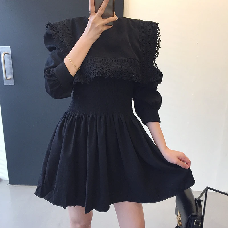 [EWQ] Новинка весны 2020 винтажное женское черное платье с длинным рукавом и