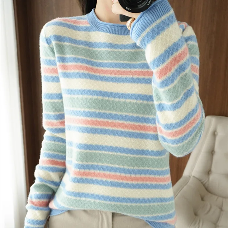 

Женский трикотажный свитер в полоску, повседневный Полосатый пуловер-водолазка из 100%-ной шерсти с длинным рукавом, Осень-зима