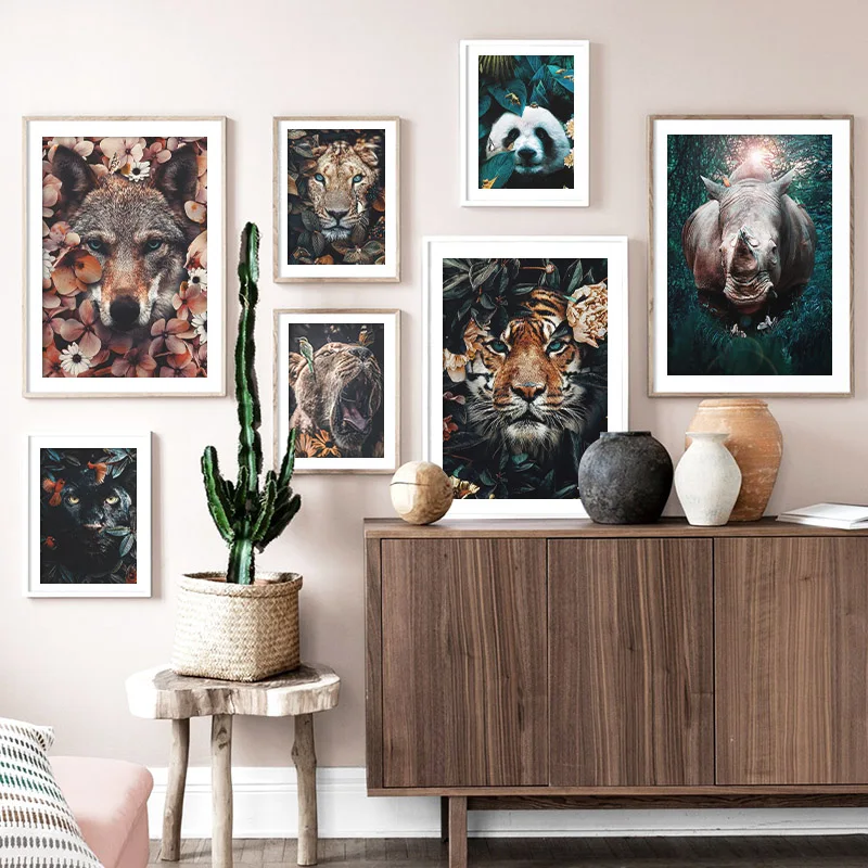 

Animal with Flower Wall Decor Painting Panda Wolf Lion Tiger Canvas Poster Print for Living Room Home Decor Picture