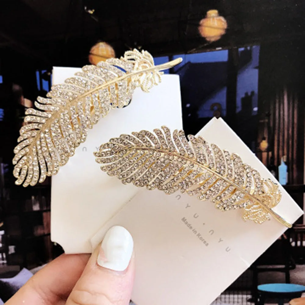 Модные стразы роскошные блестящие заколки для волос женщин с принтом перьев