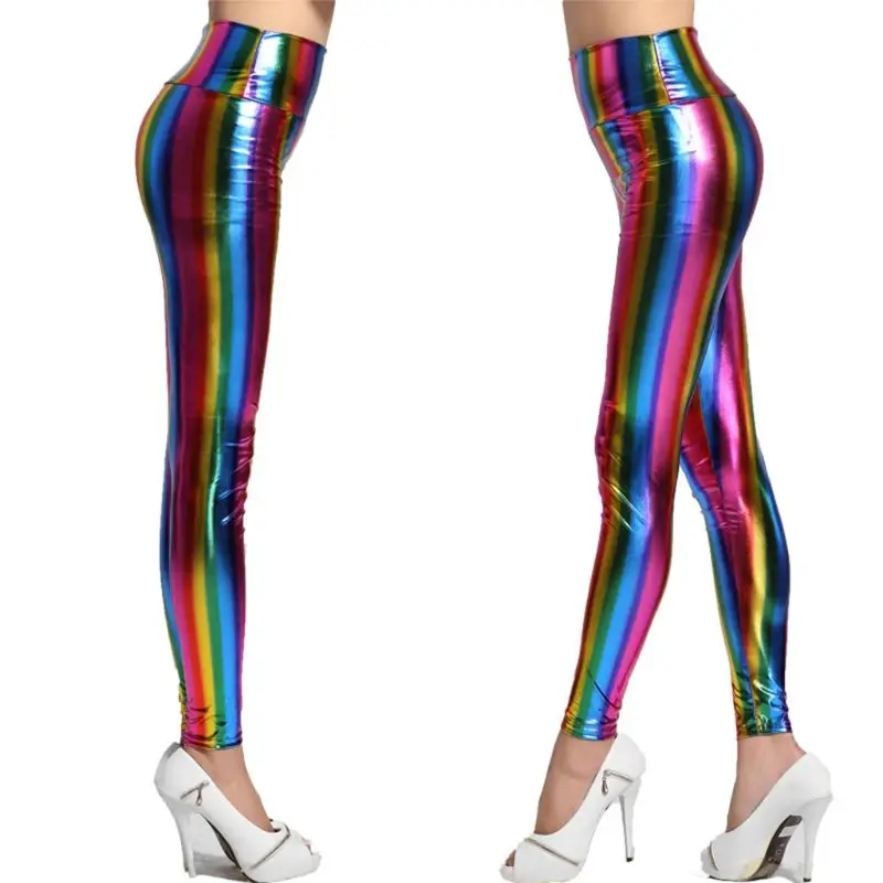 

Womens Hologram Metallic Rainbow Glitter Neon Tights Stripes Printed High Waist Pants Faux Leather Party Clubwear