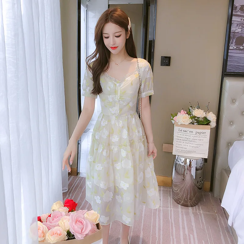 

Summer Women's Dress 2021 New Short-sleeved Chiffon Embroidery Midi Skirt French Sweet Elegant Dresses Casual Female Skirts