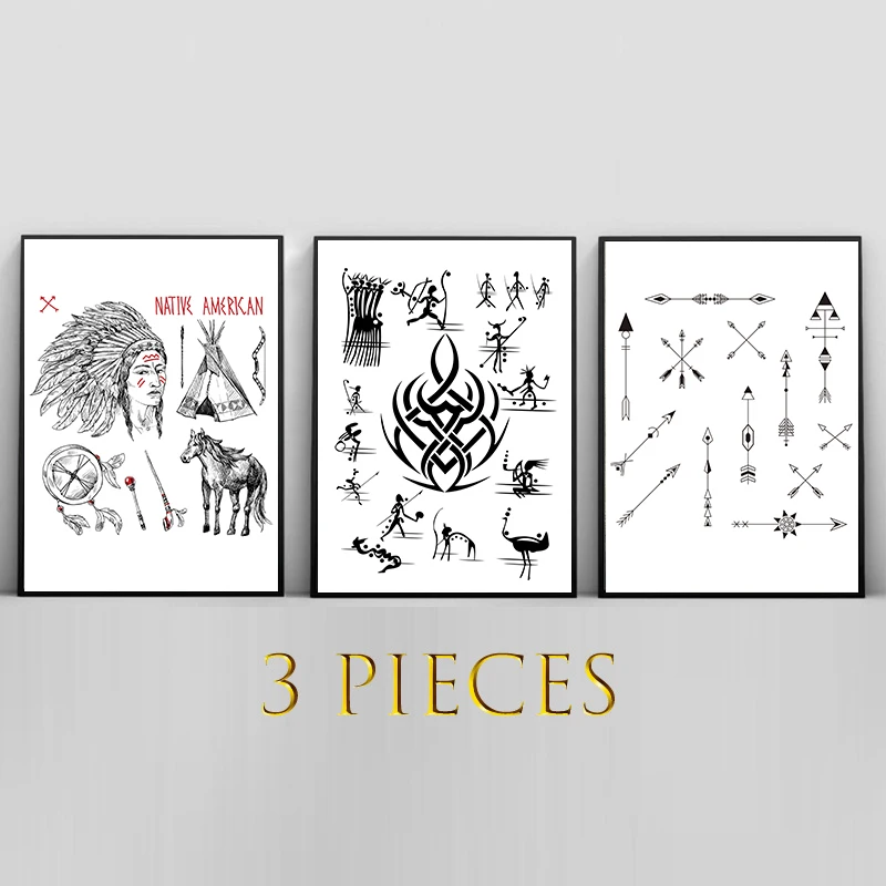 3 Панели Картина на холсте индейцев черно-белая стрела и слово плакат печать