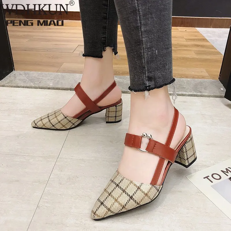

2021 Spring Summer Women Shoes Leather Strap Sandals Woman Pointed Plaid Slingback Pumps Sandal Square Heels 6CM New Hot