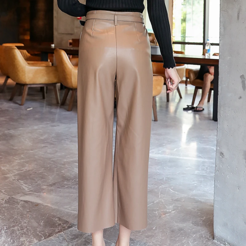 Женские широкие брюки из искусственной кожи Брендовые с высокой талией и поясом