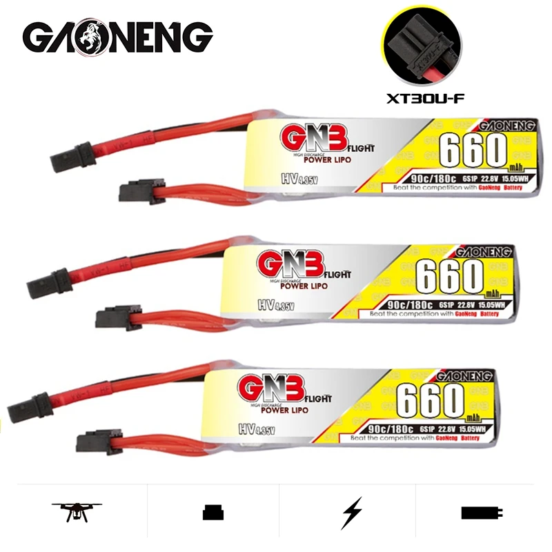 

3 шт./компл. Gaoneng GNB 6S HV LiPo аккумулятор 660 мАч 22,8 в 90C/180C для FPV дрона RC Helis детали с разъемом XT30