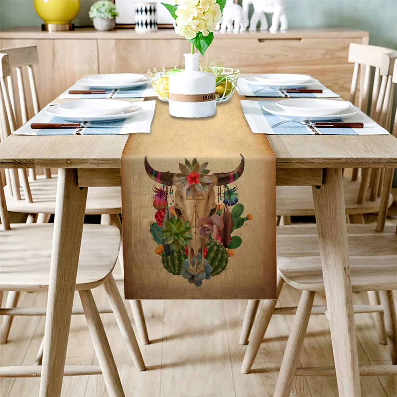 Летний кактус корова череп ретро Multi настольная дорожка Современная льняная