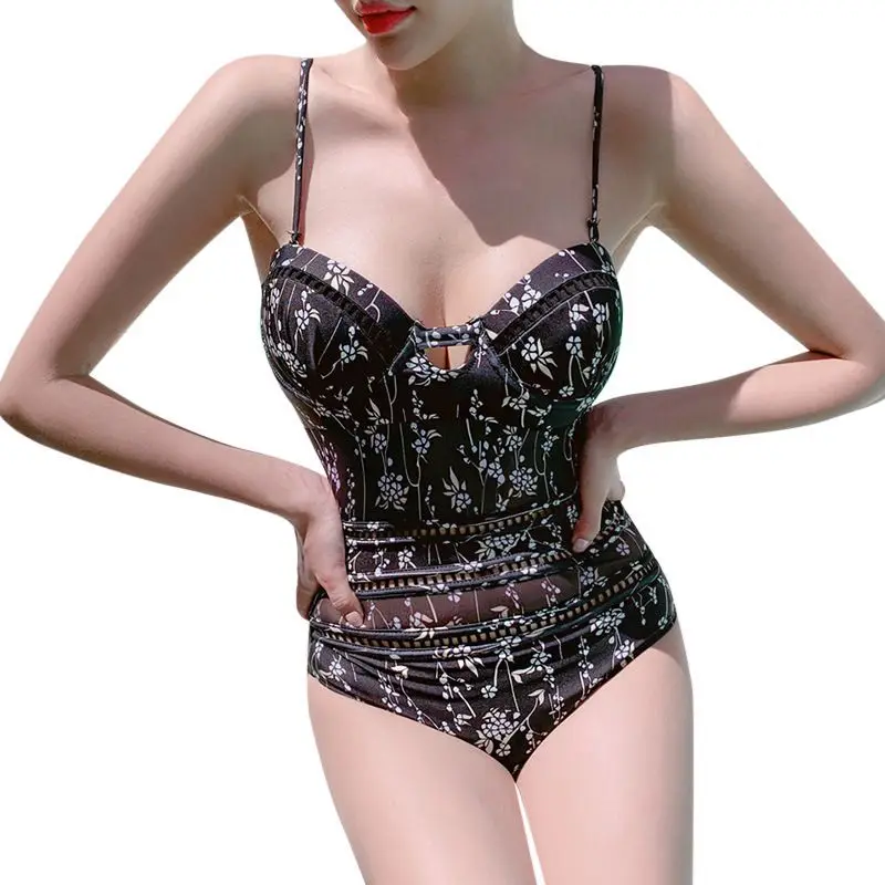 

2021 New Women Printed Bikini Swimming Sexy Mesh Stitching One-piece Swimsuit Steel Underpants Gathered Female Bikini