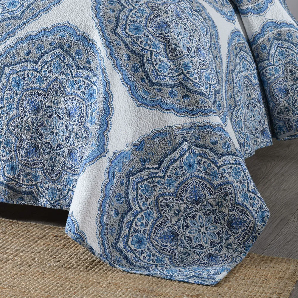 

CHAUSUB Print Bedspreads Cotton Quilt Set 3PCS Blue Bed Cover With 2 Pillowcase Queen Size Blanket Summer Coverlet