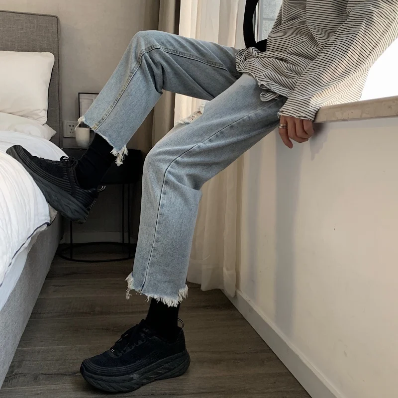 Мужские облегающие эластичные джинсы с дырками повседневные брюки синего цвета