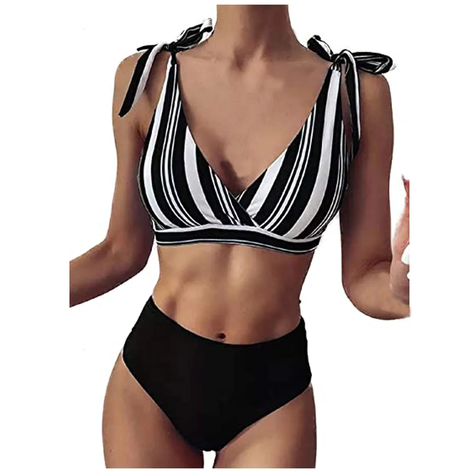 

Summer Swimsuit Bikini Set For Women Black White Stripe Two Piece Swimwear Bandage Push Up Padded Beachwear 2021 biquinis A40