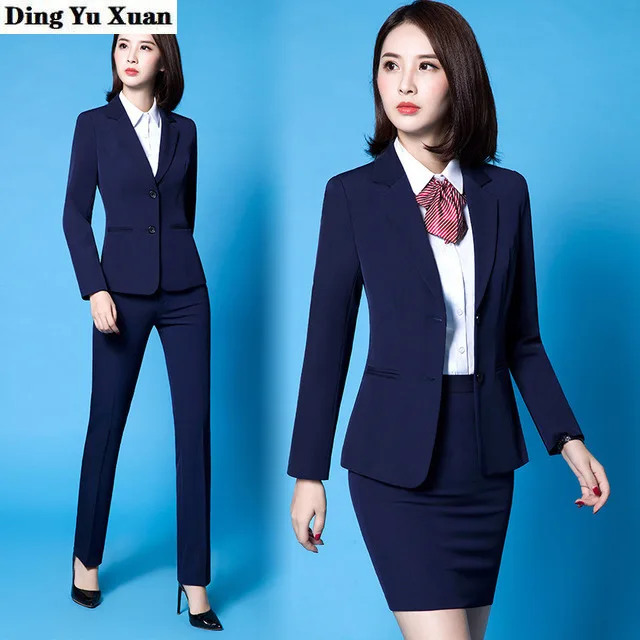 

Office Ladies Work Suits Long Sleeve Tuxedo Jacket Trouser Black Blue Pant Suit Woman Two 2 Piece Blazer Sets Women Pantsuit