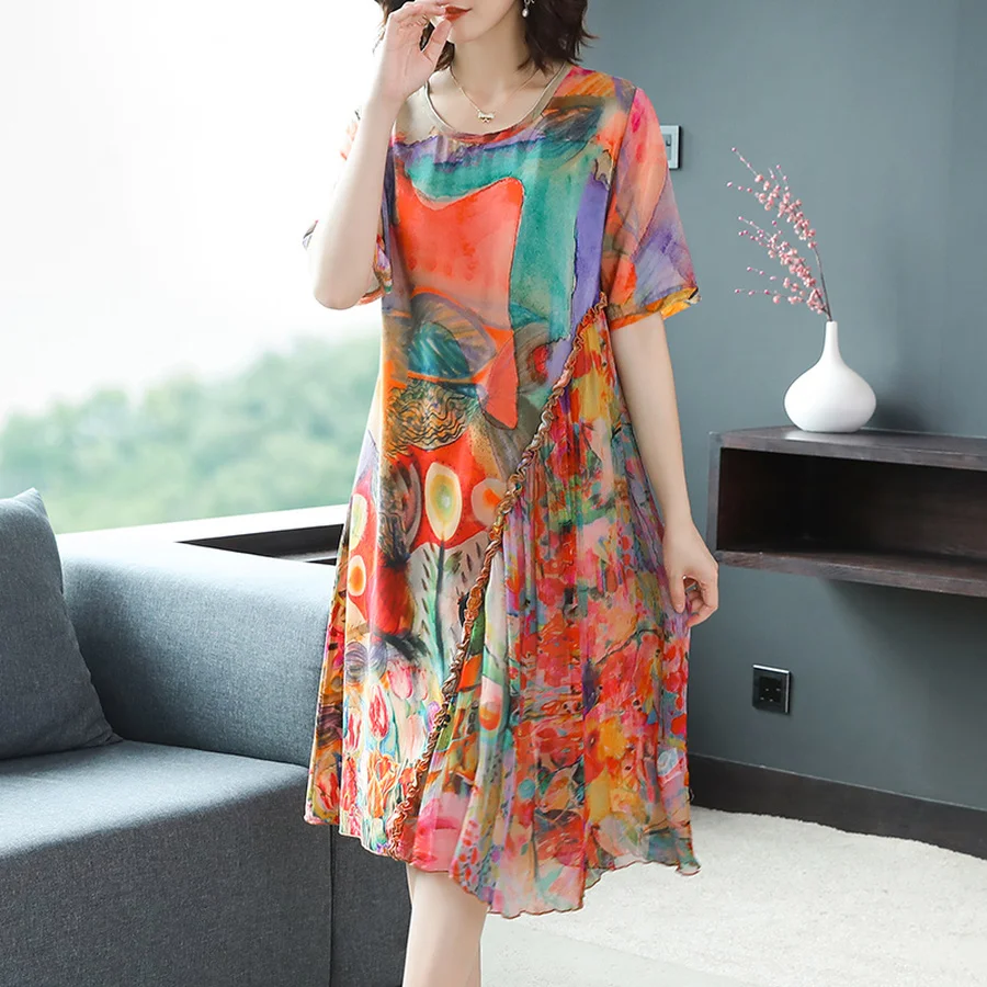 2021 Лето Высокое качество шелк тутового шелкопряда пляжное платье в винтажном