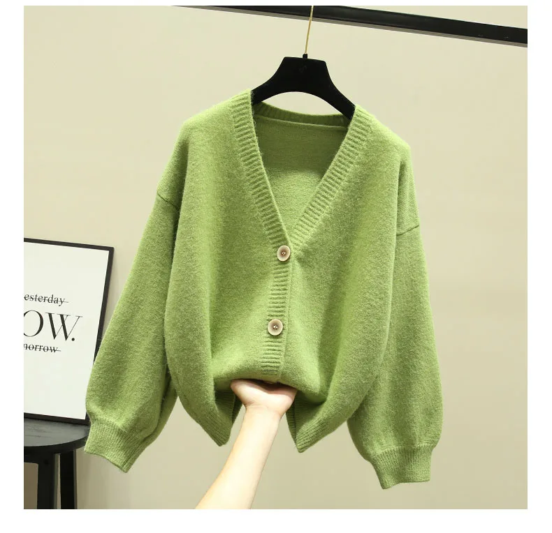 

Женский трикотажный кардиган оверсайз, Свободный Повседневный вязаный свитер с V-образным вырезом, пальто, зеленый кардиган для осени, 2021