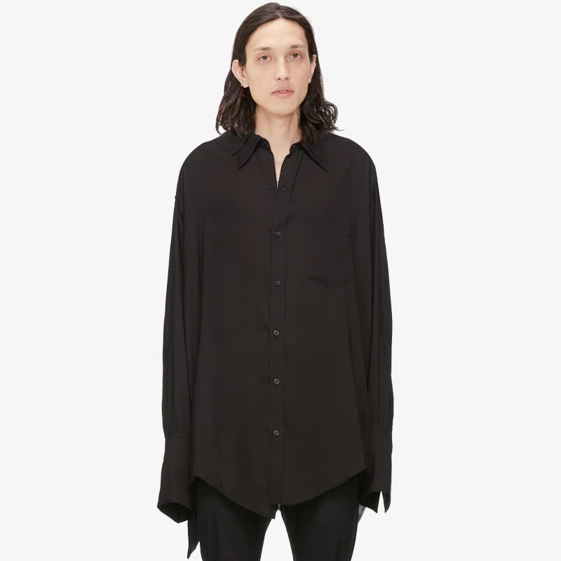 Черная свободная Асимметричная Большая рубашка с двойным воротником Мужская