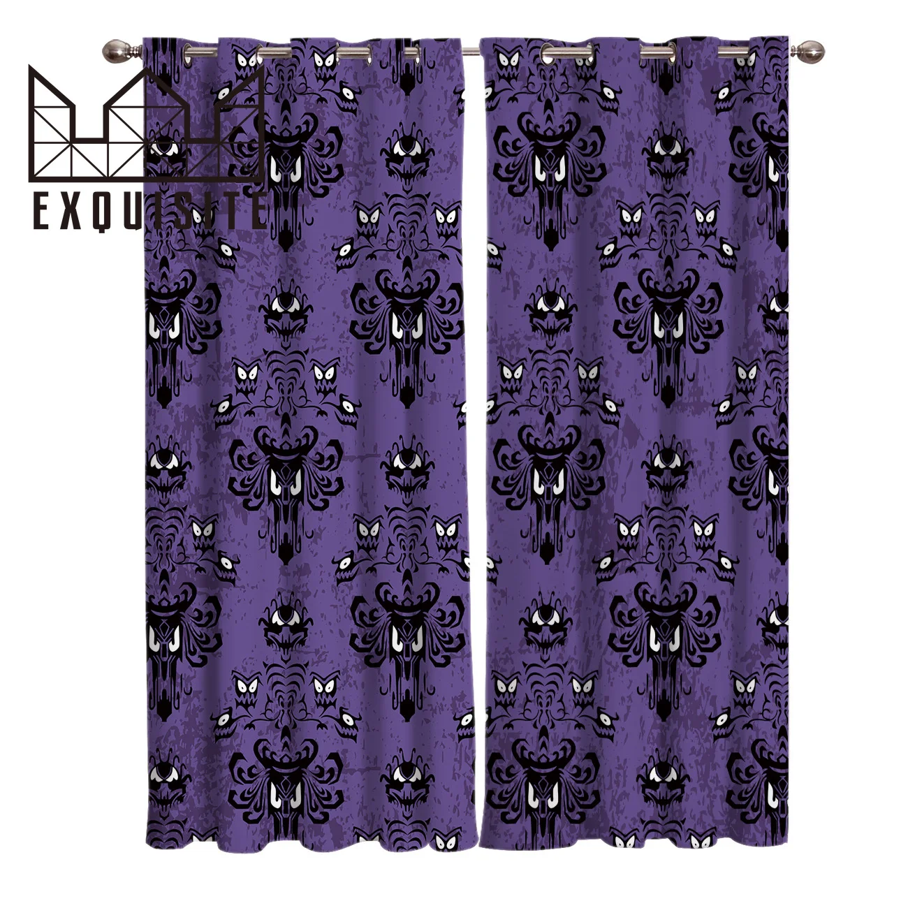 Гримаса для Хэллоуина с привидениями в особняке оконные шторы гостиной