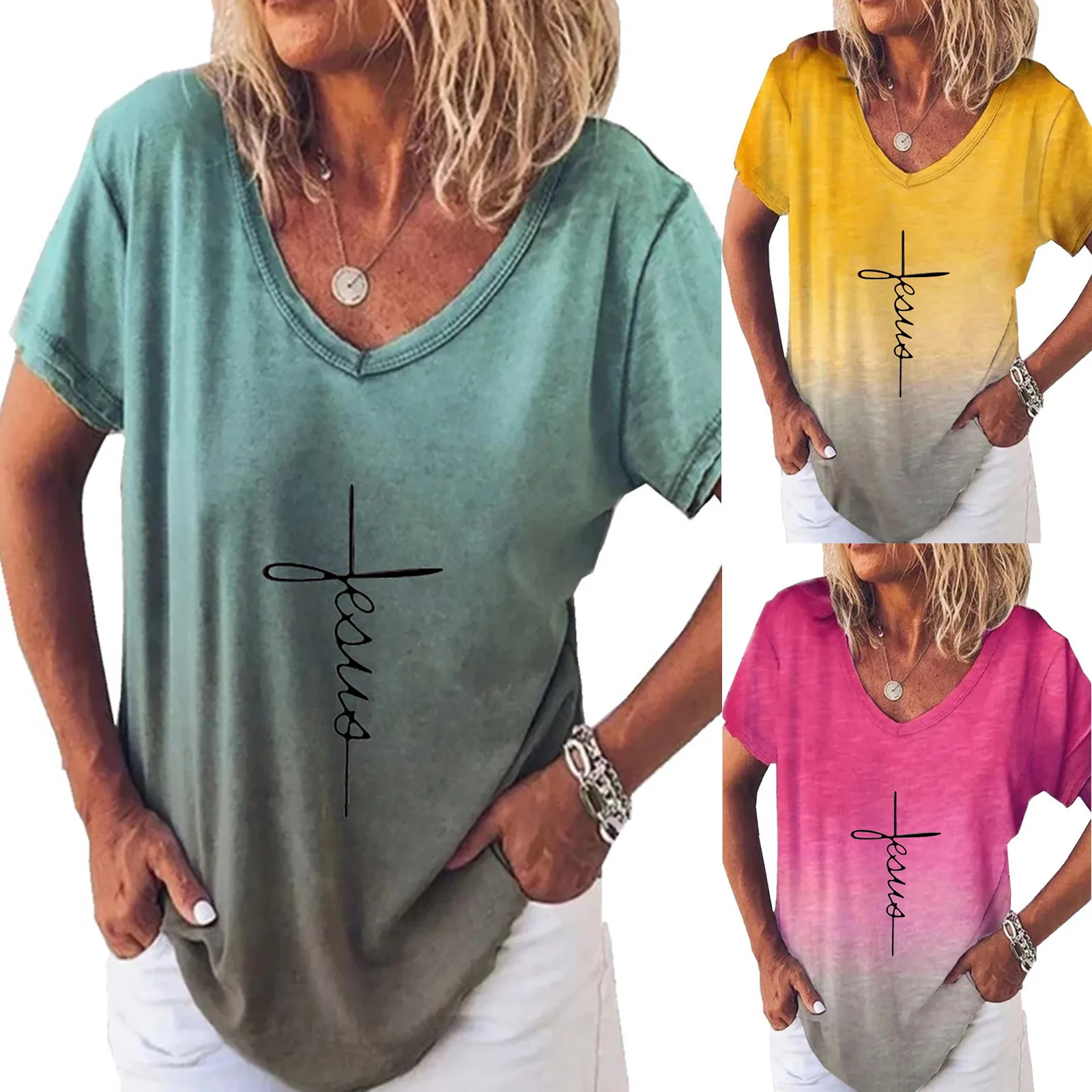 

Топ SAGACE, Новинка лета 2021, женская одежда, Женская свободная футболка с буквенным принтом и коротким рукавом, с радужным градиентом и V-образным вырезом