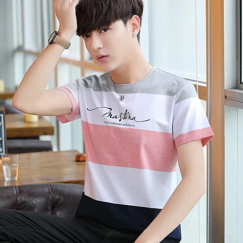 

Лето 2021, Мужская футболка с коротким рукавом и круглым вырезом, стильная облегающая Мужская футболка с принтом и рукавом до локтя, повседнев...