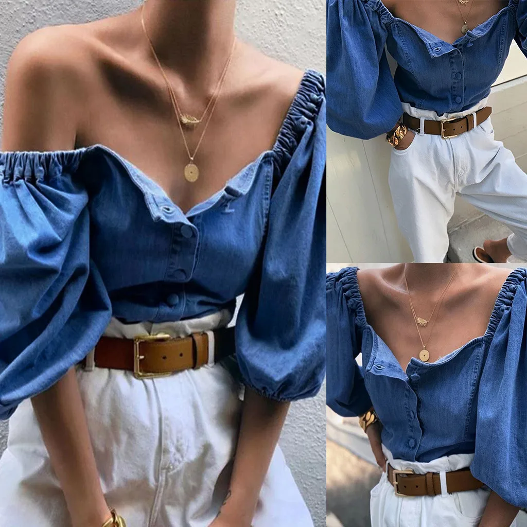 Сексуальная Блузка с длинным рукавом-фонариком Весенняя джинсовая рубашка без