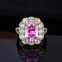 qtt silver color luxurious square pink crystal flower resizable ring for women wedding engagement party