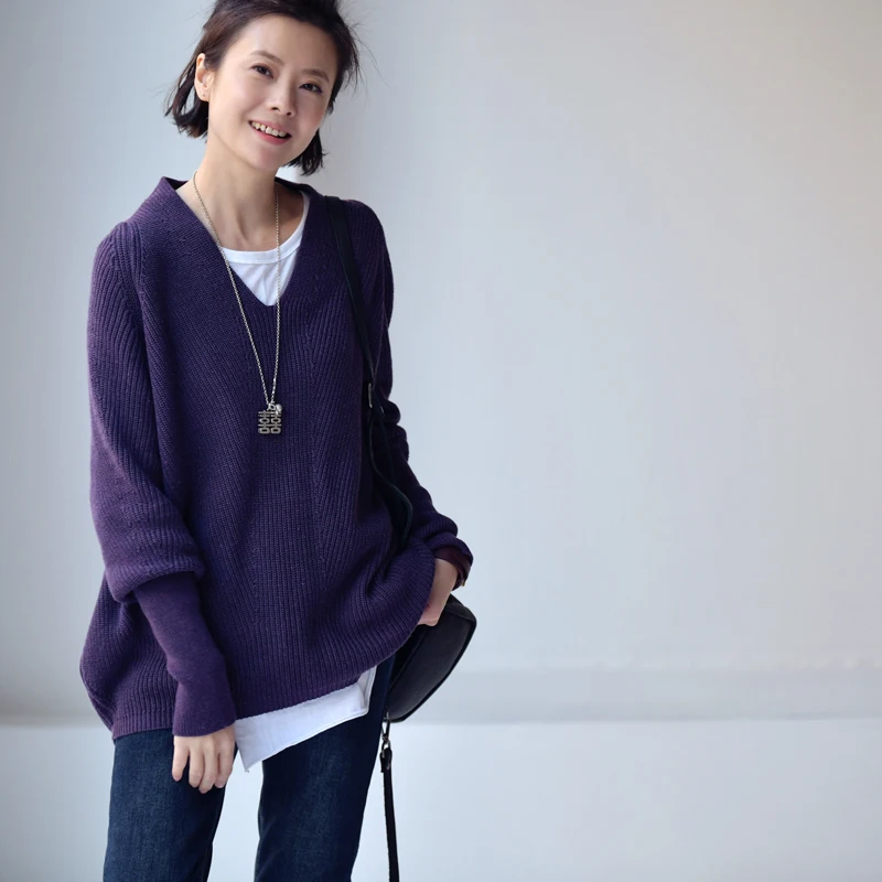 Свитер женский осенне-зимний из чистого хлопка с V-образным вырезом и рукавами
