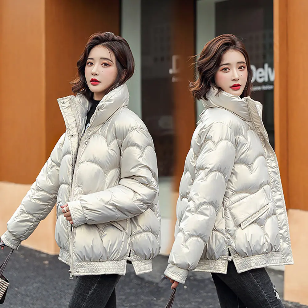 GRELLER Fashion Winter Coat Thick Warm Short Parkas Women Winter Coat Elegant Shinny Cotton Stand Collar Winter Jackets Women