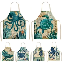 turtle fish printed kitchen apron for women kids sleeveless cotton linen bibs cooking baking cleaning tools 5365cm gt1299