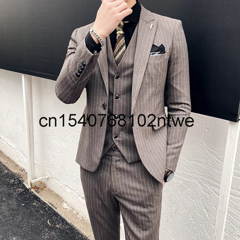 

Весна 2021, мужская рубашка в полоску, платье для жениха, приталенный корейский Костюм-тройка