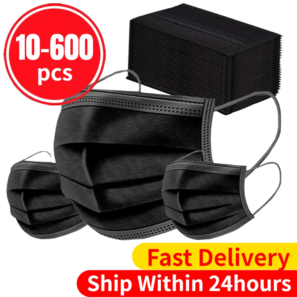10/20/50/100/200/600 Шт. Одноразовые Маски Взрослые Нетканые Лицо 3-х Слойных Фильтр Противопыльные Дышащие Ртутные Маски Черные.