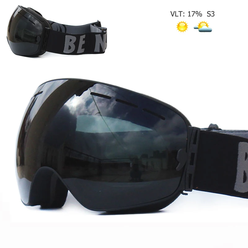 UV400 противотуманные двухслойные лыжные очки с большими линзами, лыжная маска, очки для катания на лыжах, снежные мужские очки для сноуборда, очки с зеркальным покрытием - Цвет: Black