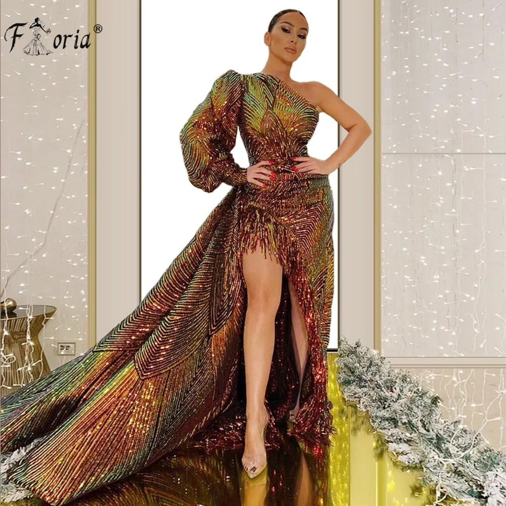 

Fashion One Shoulder Mermaid Evening Dresses High Split Long Sleeve Prom Gowns Dubai Evening Gowns Graduation Party Dress