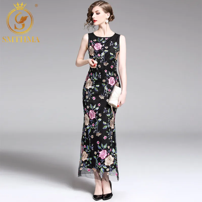 Женское Сетчатое платье SMTHMA повседневное облегающее длинное с цветочной