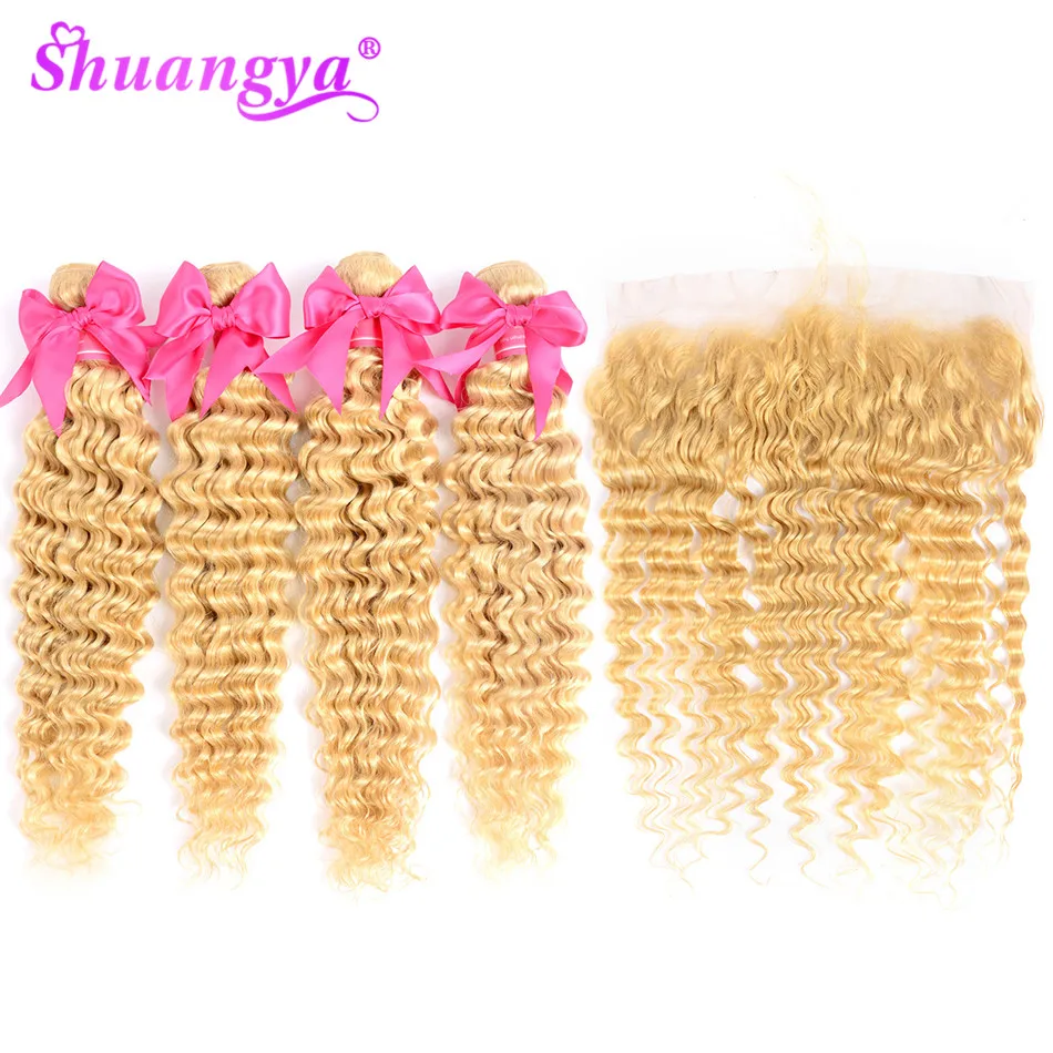 Бразильские волнистые пучки с фронтальным медом светлые 613 пучками Remy пучками|3/4