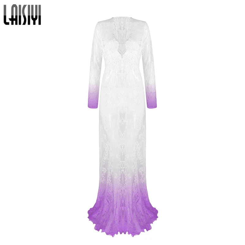 Diaoran purple LAISIYI, женские сексуальные платья, осень, длина до пола, черное, белое, кружевное платье, регулировка талии, прозрачные, цветочные, DR5046 - Цвет: Diaoran purple